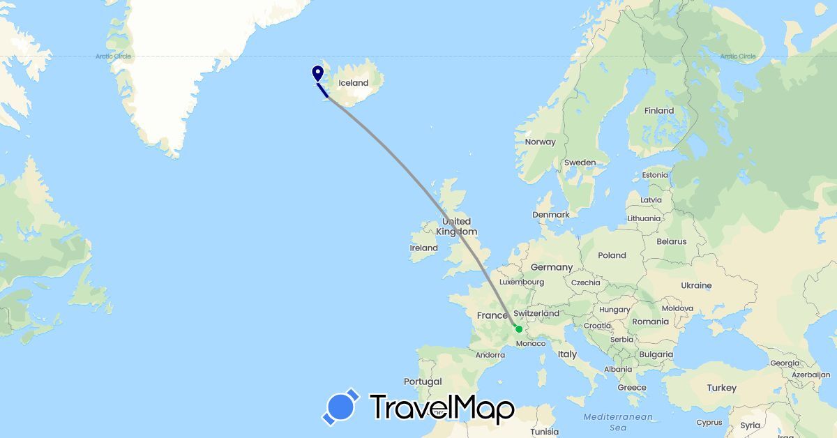 TravelMap itinerary: driving, bus, plane in France, United Kingdom, Iceland (Europe)